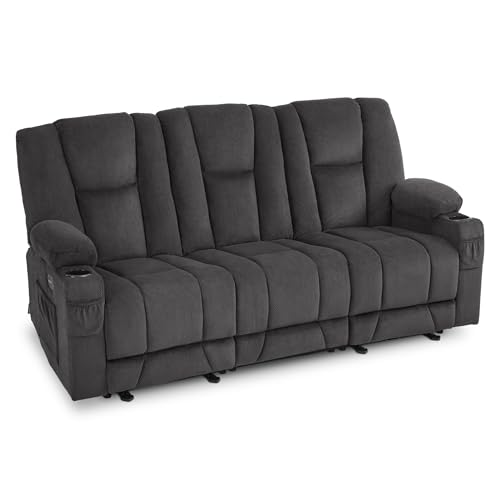 MCombo Power Reclining Sofa with Heat and Vibration,USB Ports, Cup Holders,3-Seat Dual Recliner Sofa for Living Room 6015 (Gray)