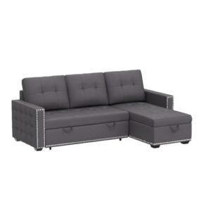 HABITRIO Sectional Sofa with Reversible Storage Lounge Chaise, 77" Modern L-Shape Corner Couch w/Roll-Out Sleeper Bed, Velvet Upholstered Nail Head Trim Seating Furniture for Living Room, Office