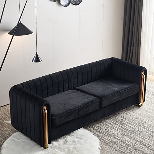 CALABASH Velvet Couches for Living Room,84 Inch Big Comfy Modern Sofa Couch Upholstered Sofa with Gold Metal Legs 3-Seater Decor Furniture for Bedroom Apartment(Black)