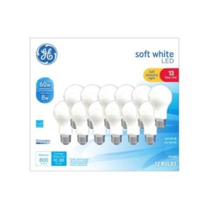 ge led 8w (60w equivalent) soft white general purpose a19 light bulbs, medium base, frosted, 13 year life, 12pk