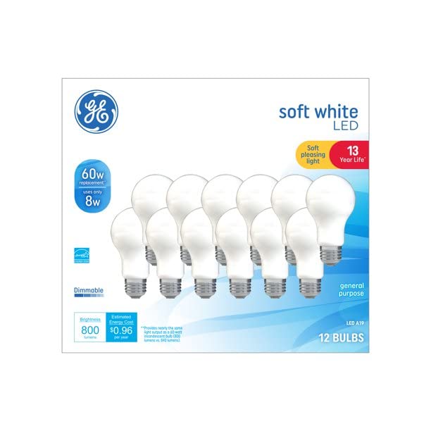 GE LED 8W (60W Equivalent) Soft White General Purpose A19 Light Bulbs, Medium Base, Frosted, 13 Year Life, 12pk