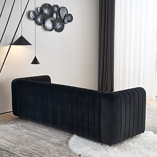 CALABASH Velvet Couches for Living Room,84 Inch Big Comfy Modern Sofa Couch Upholstered Sofa with Gold Metal Legs 3-Seater Decor Furniture for Bedroom Apartment(Black)