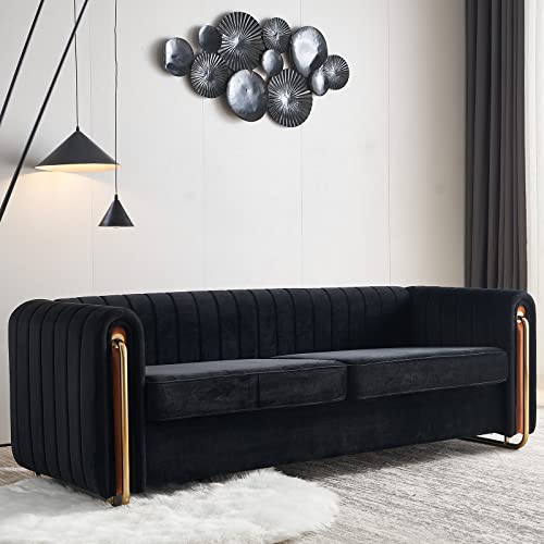 CALABASH Velvet Couches for Living Room,84 Inch Big Comfy Modern Sofa Couch Upholstered Sofa with Gold Metal Legs 3-Seater Decor Furniture for Bedroom Apartment(Black)