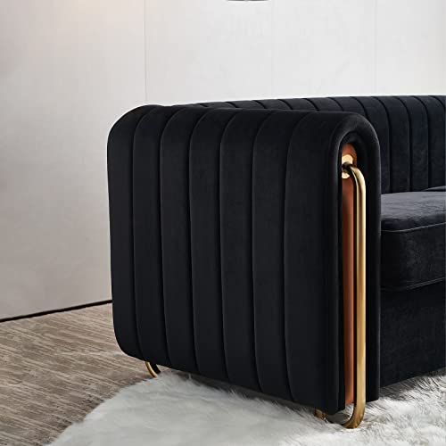 CALABASH Velvet Couches for Living Room,84 Inch Big Comfy Modern Sofa Couch Upholstered Sofa with Gold Metal Legs 3-Seater Decor Furniture for Bedroom Apartment(Black)