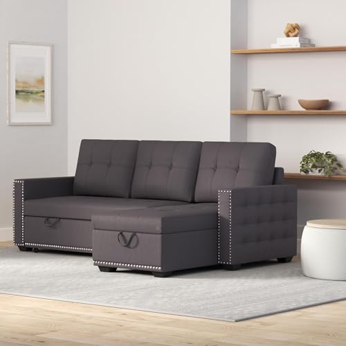 HABITRIO Sectional Sofa with Reversible Storage Lounge Chaise, 77" Modern L-Shape Corner Couch w/Roll-Out Sleeper Bed, Velvet Upholstered Nail Head Trim Seating Furniture for Living Room, Office