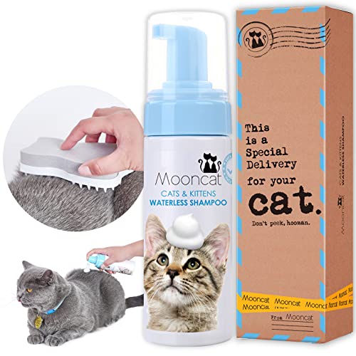 Mooncat Waterless Cat Shampoo+Cat Brush, Licking Safe Dry Shampoo for Cats, No Rinse Foam Cat Bath, Grooming for Cat, Kitten Sensitive Skin, Dander Reducing, Paraben Free, pH Balanced (5 oz)