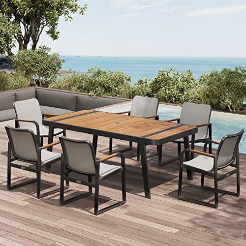 EAST OAK Signature 7 Pieces Outdoor Dining Set, Patio Furniture Set with Finest Teak Wood, Powder-Coated Aluminum Frame Table and Teslin Fabric Chairs, Patio Dining Set for Garden and Yard, Dark Grey