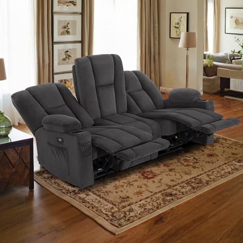 MCombo Power Reclining Sofa with Heat and Vibration,USB Ports, Cup Holders,3-Seat Dual Recliner Sofa for Living Room 6015 (Gray)