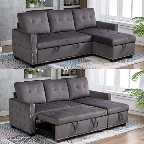 HABITRIO Sectional Sofa with Reversible Storage Lounge Chaise, 77" Modern L-Shape Corner Couch w/Roll-Out Sleeper Bed, Velvet Upholstered Nail Head Trim Seating Furniture for Living Room, Office