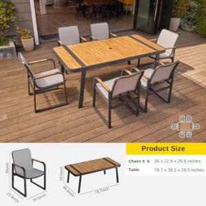 EAST OAK Signature 7 Pieces Outdoor Dining Set, Patio Furniture Set with Finest Teak Wood, Powder-Coated Aluminum Frame Table and Teslin Fabric Chairs, Patio Dining Set for Garden and Yard, Dark Grey