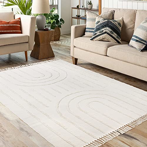 Lanffia Boho Area Rug 5' x 7'，Tufted Cotton Rainbow Living Room Rug Hand Woven Washable Farmhouse Tribal Floor Carpet for Entryway Bedroom Kitchen, Beige