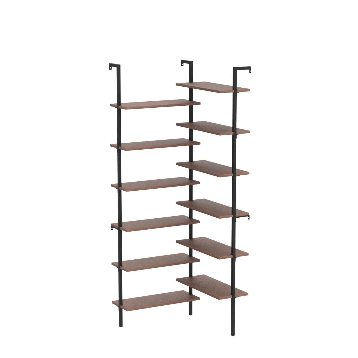 HOMISSUE Corner Bookshelf,12-Tier L Shaped Bookshelf, Double Wide Corner Wall Mount Bookcase with Metal Frame and Wood, Modern Industrial Corner Shelf for Living Room, Kitchen, Home Office Brown