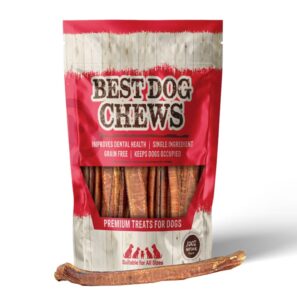 best dog chews bully sticks standard size -100% all natural for dogs grain and rawhide free beef chews, grass-fed promotes joint & dental health for all breed sizes dogs and puppies 12 inch (6 count)