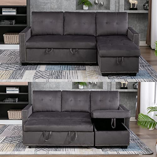 HABITRIO Sectional Sofa with Reversible Storage Lounge Chaise, 77" Modern L-Shape Corner Couch w/Roll-Out Sleeper Bed, Velvet Upholstered Nail Head Trim Seating Furniture for Living Room, Office