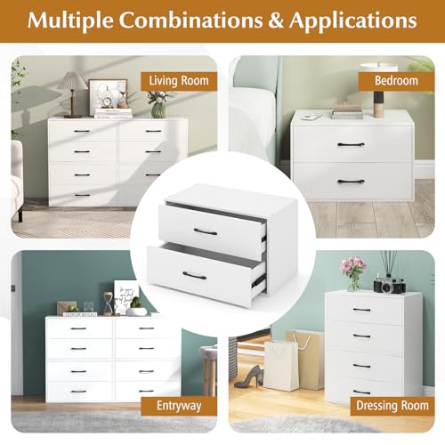 Giantex Stackable 2-Drawer Dressers for Bedroom - Short Dresser Two Drawer Storage Cabinet w/Handles & Anti-Topping Device, Small Dresser Chest of 2 Drawers for Closet Bedroom (1, White)