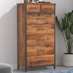 ikeno 7 drawer tall dresser, industrial wood storage clothes organizer, sturdy steel frame for bedroom