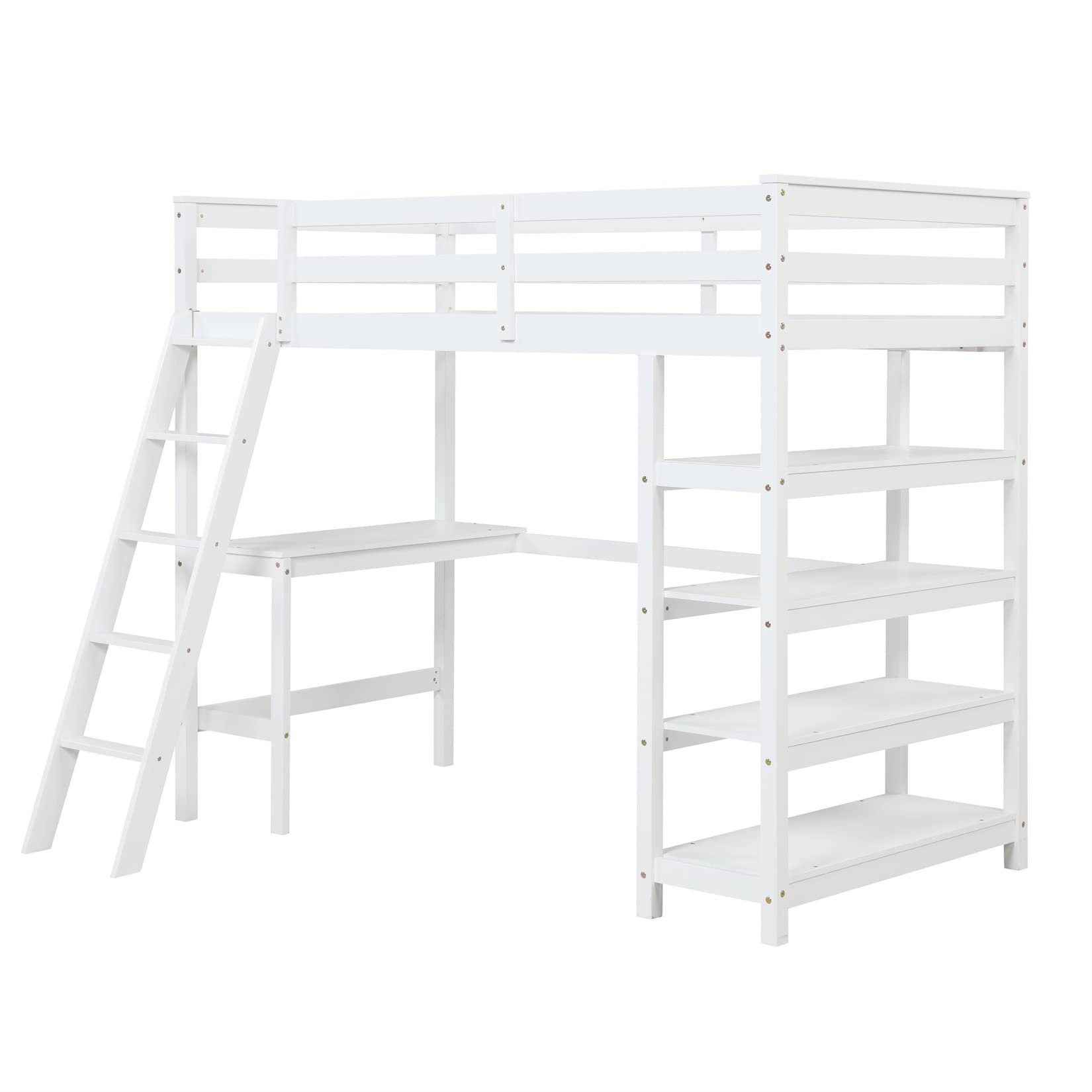 Bellemave Twin Loft Bed with Desk & Shelves for Teens Adults, Wood High Loft Bed Frame with Bookcase & Angle Ladder for Kids Boys Girls, Full-Length Guardrail, Twin Size, White