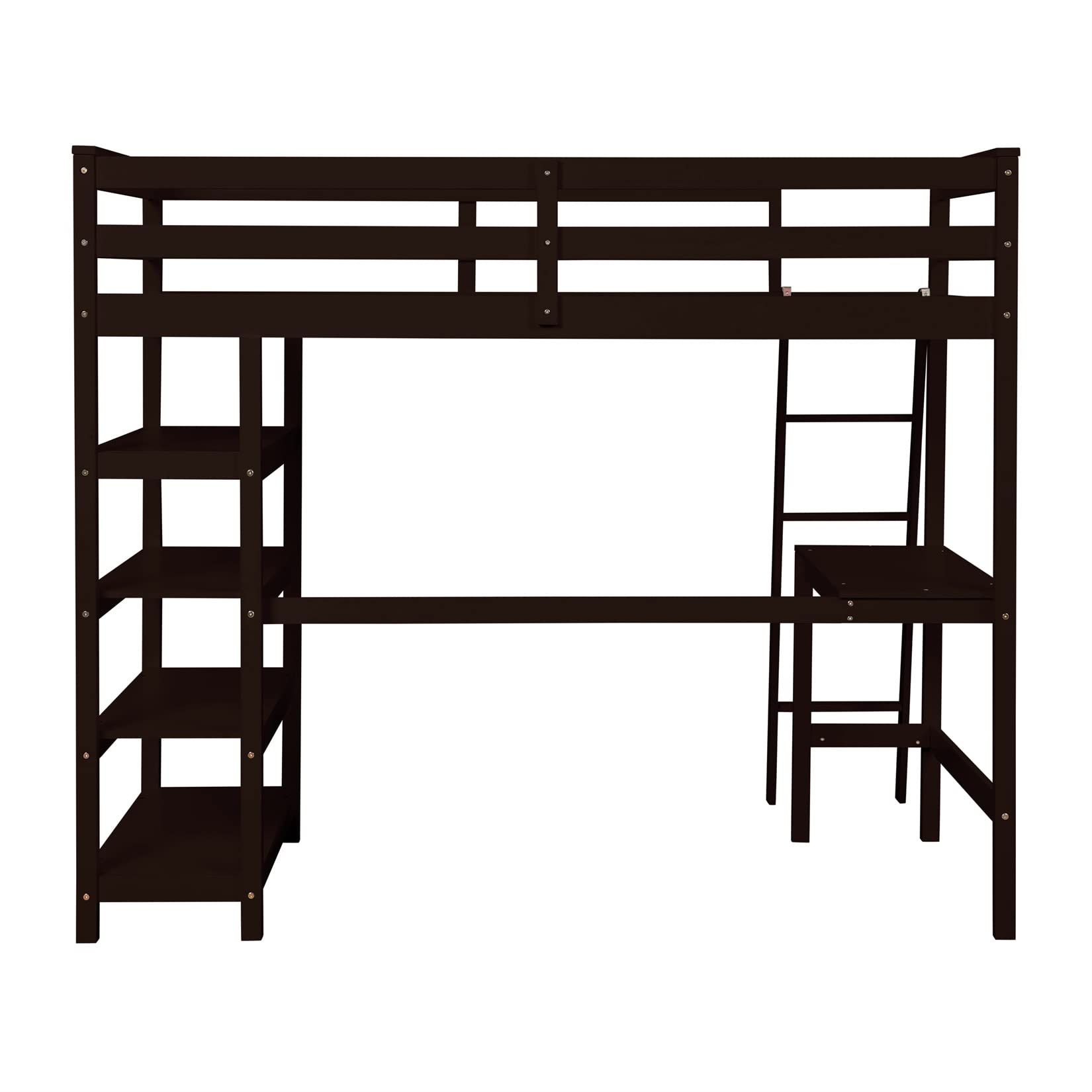 Bellemave Twin Loft Bed with Desk & Shelves for Teens Adults, Wood High Loft Bed Frame with Bookcase & Angle Ladder for Kids Boys Girls, Full-Length Guardrail, Twin Size, Espresso