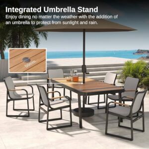 EAST OAK Signature 7 Pieces Outdoor Dining Set, Patio Furniture Set with Finest Teak Wood, Powder-Coated Aluminum Frame Table and Teslin Fabric Chairs, Patio Dining Set for Garden and Yard, Dark Grey