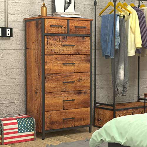 IKENO 7 Drawer Tall Dresser, Industrial Wood Storage Clothes Organizer, Sturdy Steel Frame for Bedroom