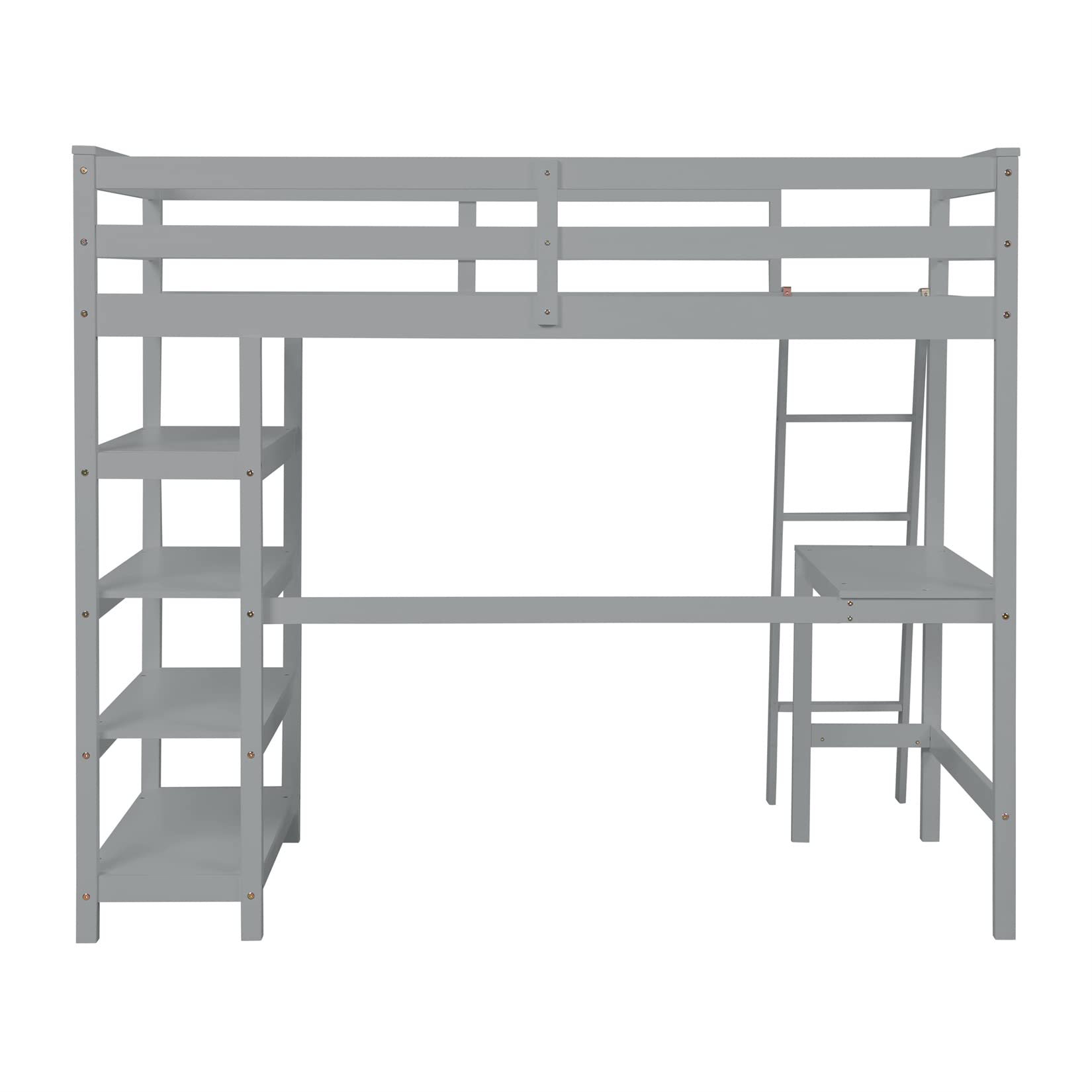 Bellemave Twin Loft Bed with Desk & Shelves for Teens Adults, Wood High Loft Bed Frame with Bookcase & Angle Ladder for Kids Boys Girls, Full-Length Guardrail, Twin Size, Gray