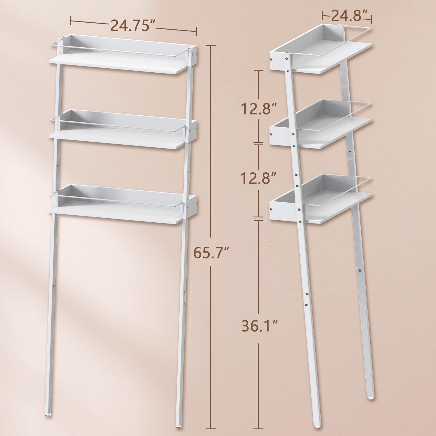 Three Capreolus 3-Tier Over The Toilet Storage, Bathroom Organizer with Safety Rails & Anti-Tilt Device, Wooden Multifunctional Space Saver, Bathroom Shelves Above Toilet, Ladder Shelf (White)