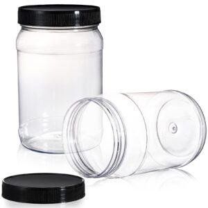 Fasmov 9 Pack 32 Oz Plastic Jars with Black Lids, Wide Mouth Clear Empty Plastic Storage Containers for Crafts, Dry Food, Peanut Butter, Honey and Jam Storage