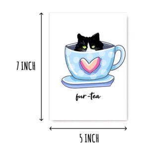 OystersPearl Fur-Tea Funny Birthday Card - Cat Lover Funny Birthday Card - Funny Cat Pun - Cat Coffee - Funny Card - Cat Lover Gift Card