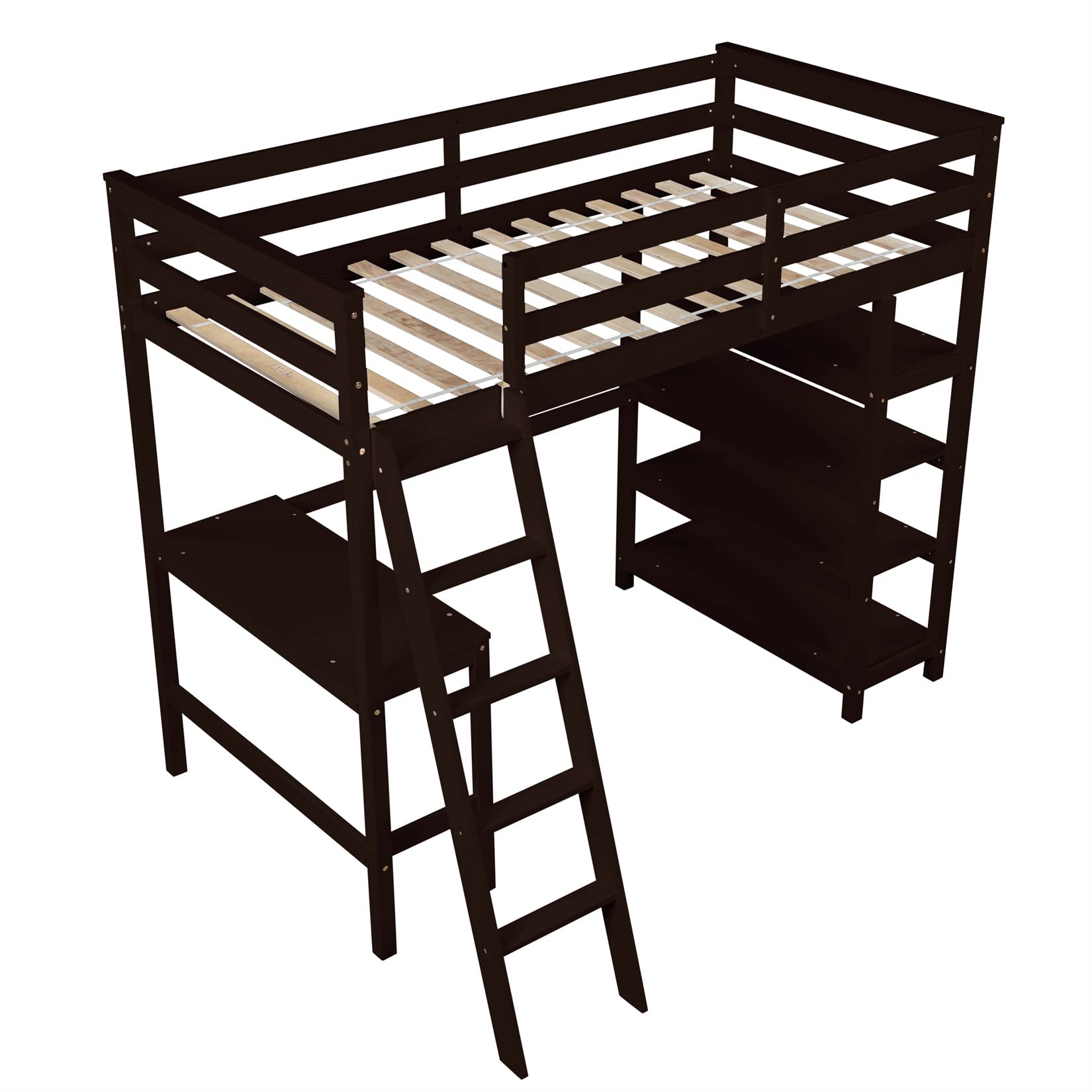 Bellemave Twin Loft Bed with Desk & Shelves for Teens Adults, Wood High Loft Bed Frame with Bookcase & Angle Ladder for Kids Boys Girls, Full-Length Guardrail, Twin Size, Espresso