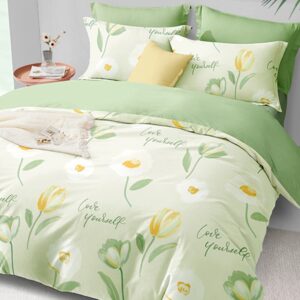 SAPHREAS Green Floral Tulip 4pcs Bedding Duvet Cover Set King Size 100% Cotton Spring Comforter Cover Set 1 Duvet Cover 2 Pillow Shams 1 Fitted Sheet