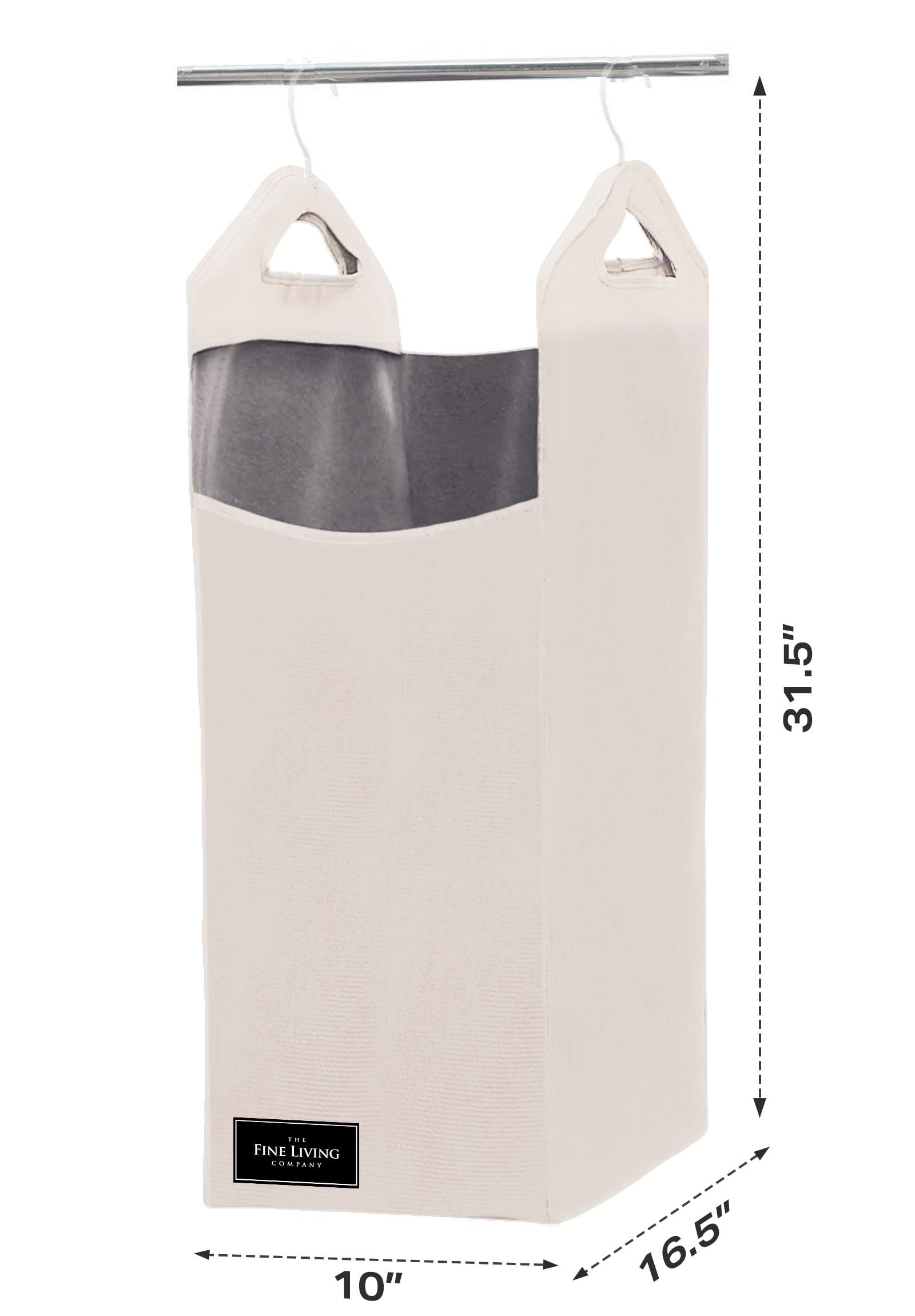 The Fine Living Co. Hanging Laundry Hamper Bag for Closet, Heavy Duty Hanging Closet hamper, Closet Laundry Basket with 2 Strong Metal Hangers, Space Saving Closet Hamper Organizer (Beige)