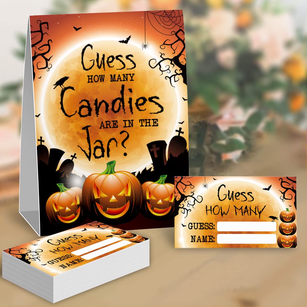 Halloween Guess How Many Candies Baby Shower Party Game Cards, Funny Pumpkin Orange Party Raffle Ticket, Gag Activities Party Decorations Game Cards Kit (1 Standing Sign + 50 Guessing Cards)