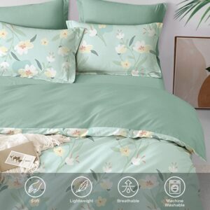 SAPHREAS Green Bedding Comforter Cover Set with Fitted Sheet 4pcs King Size 100% Cotton Classic White Flower Comforter Cover Set 1 Duvet Cover 2 Pillow Shams 1 Fitted Sheet