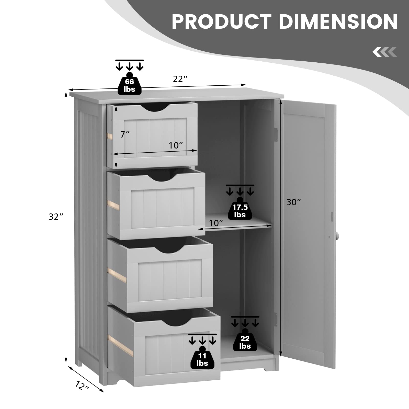 COSTWAY Bathroom Storage Cabinet, Wooden Freestanding Storage Cupboard Organizer with 4 Drawers & Adjustable Shelf, Modern Floor Cabinet for Living Room, Bathroom, Kitchen, Entryway (Grey)