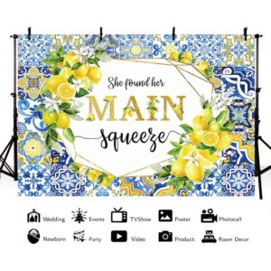 AIBIIN 7x5ft Lemon Bridal Shower Backdrop She Found Her Main Squeeze Engagement Party Photography Background Blue Tile Floral Print Decoration Bachelorette Bride To Be Wedding Photoshoot Prop Supplies