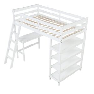 Bellemave Twin Loft Bed with Desk & Shelves for Teens Adults, Wood High Loft Bed Frame with Bookcase & Angle Ladder for Kids Boys Girls, Full-Length Guardrail, Twin Size, White