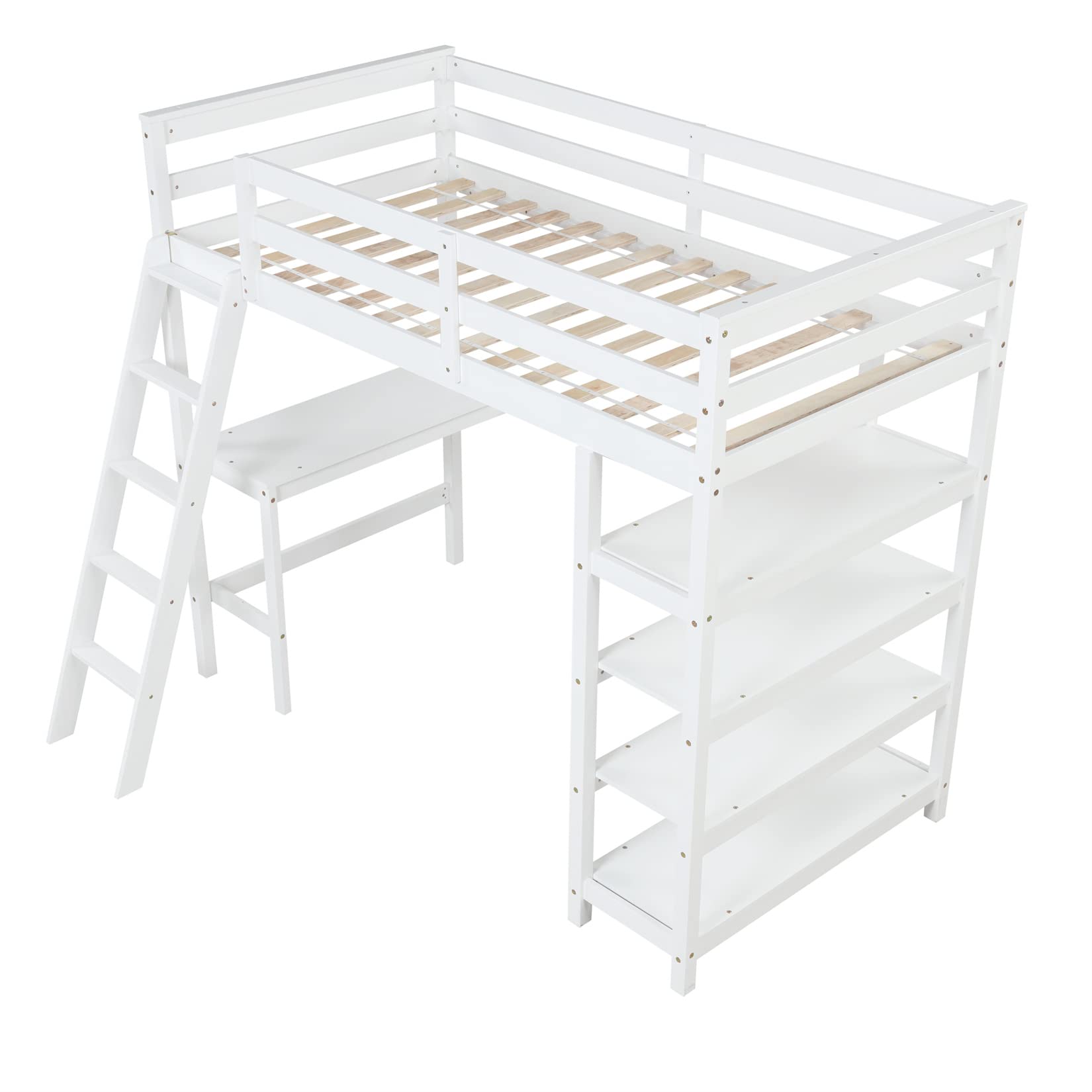 Bellemave Twin Loft Bed with Desk & Shelves for Teens Adults, Wood High Loft Bed Frame with Bookcase & Angle Ladder for Kids Boys Girls, Full-Length Guardrail, Twin Size, White