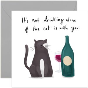 old english co. funny drinking wine cat birthday card - humourous joke greeting card | for friends and family | blank inside & envelope included