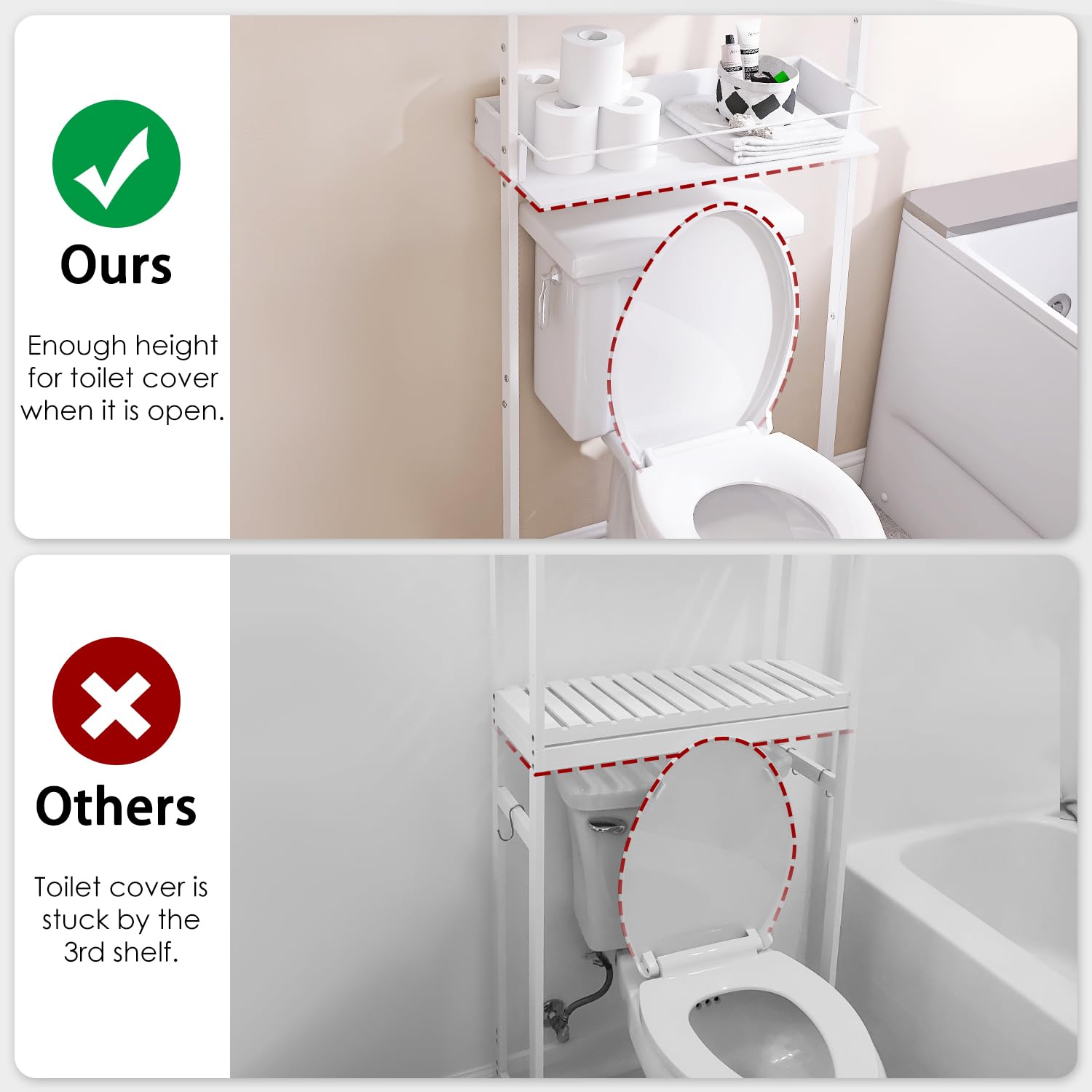 Three Capreolus 3-Tier Over The Toilet Storage, Bathroom Organizer with Safety Rails & Anti-Tilt Device, Wooden Multifunctional Space Saver, Bathroom Shelves Above Toilet, Ladder Shelf (White)