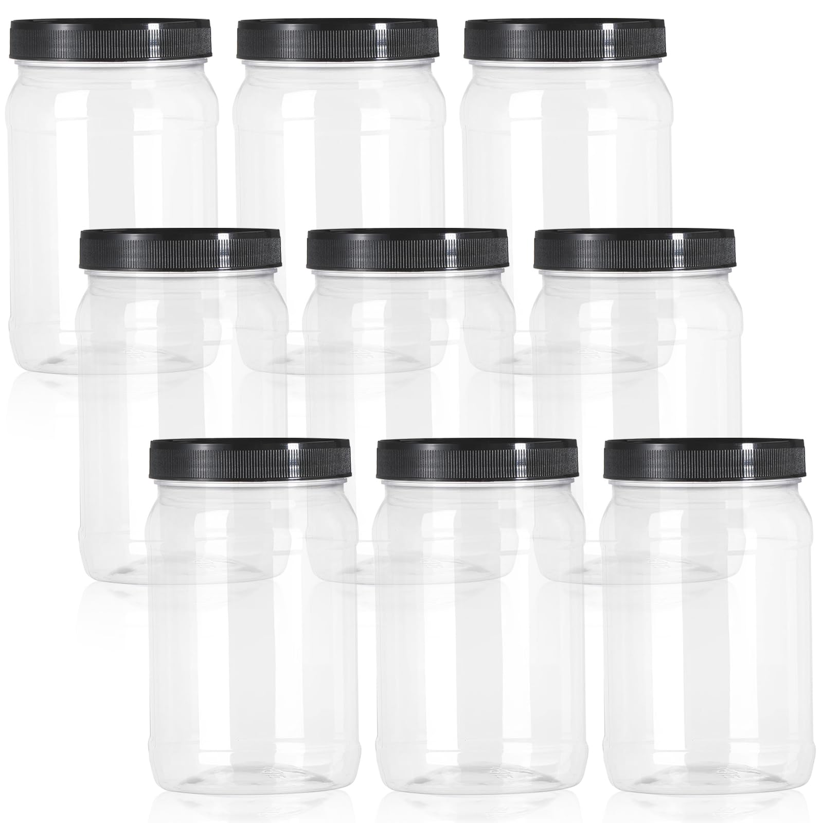 Fasmov 9 Pack 32 Oz Plastic Jars with Black Lids, Wide Mouth Clear Empty Plastic Storage Containers for Crafts, Dry Food, Peanut Butter, Honey and Jam Storage