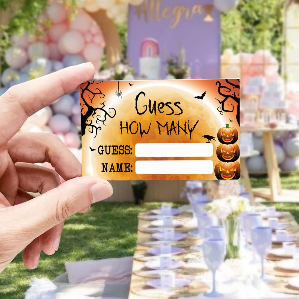 Halloween Guess How Many Candies Baby Shower Party Game Cards, Funny Pumpkin Orange Party Raffle Ticket, Gag Activities Party Decorations Game Cards Kit (1 Standing Sign + 50 Guessing Cards)