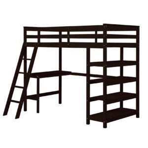 Bellemave Twin Loft Bed with Desk & Shelves for Teens Adults, Wood High Loft Bed Frame with Bookcase & Angle Ladder for Kids Boys Girls, Full-Length Guardrail, Twin Size, Espresso