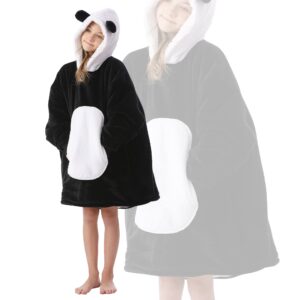 Kipswiza Blanket Hoodie for Kids Oversized Wearable Blanket Super Soft Warm Sherpa Fleece Blanket Sweatshirt for Boys Girls Children Gifts Black Panda