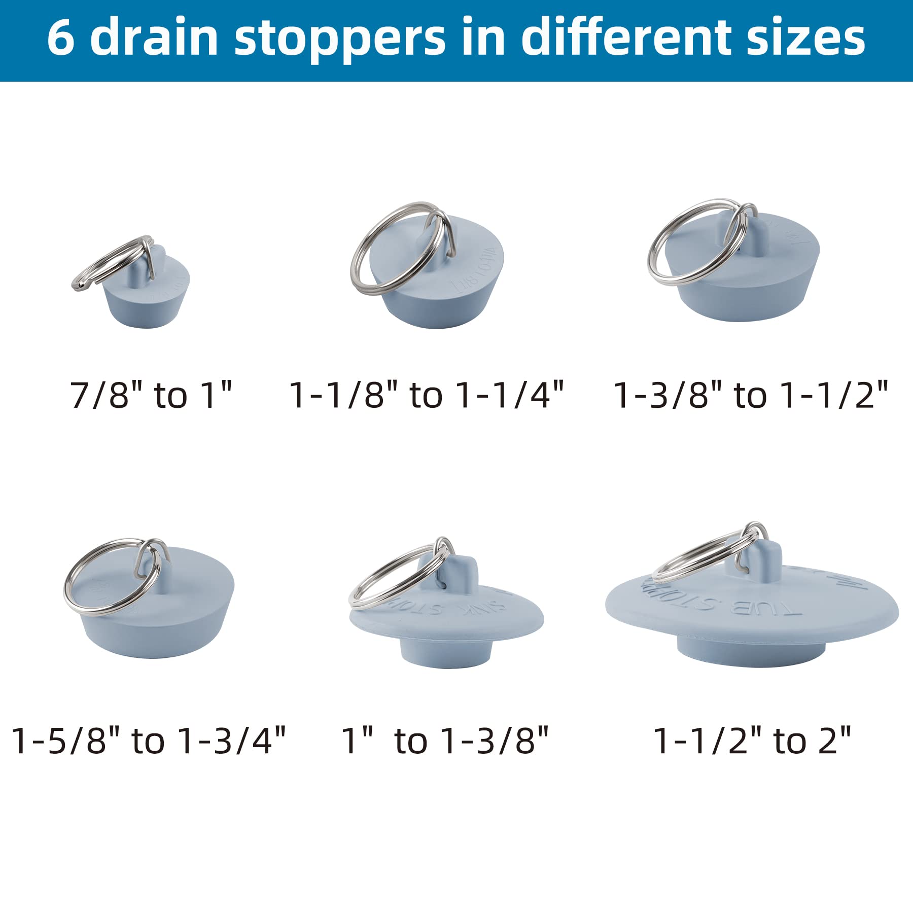 Hibbent 6 Pieces Drain Stopper, Rubber Kitchen Sink Drain, Sink Stopper Drain Plug with Pull Ring for Bathtub, Kitchen, Bathroom and Laundry Sink in 6 Different Sizes, Grey