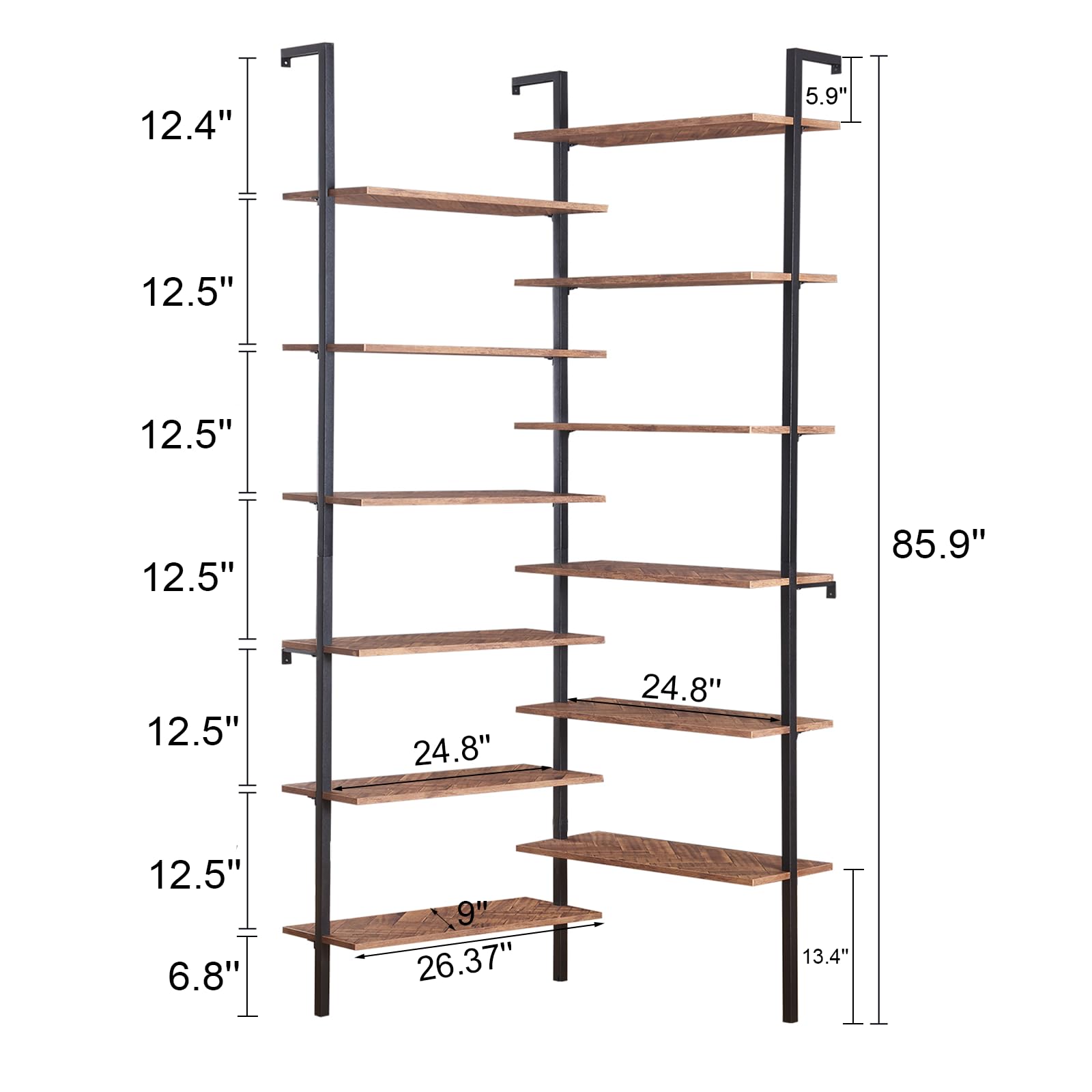 HOMISSUE Corner Bookshelf,12-Tier L Shaped Bookshelf, Double Wide Corner Wall Mount Bookcase with Metal Frame and Wood, Modern Industrial Corner Shelf for Living Room, Kitchen, Home Office Brown