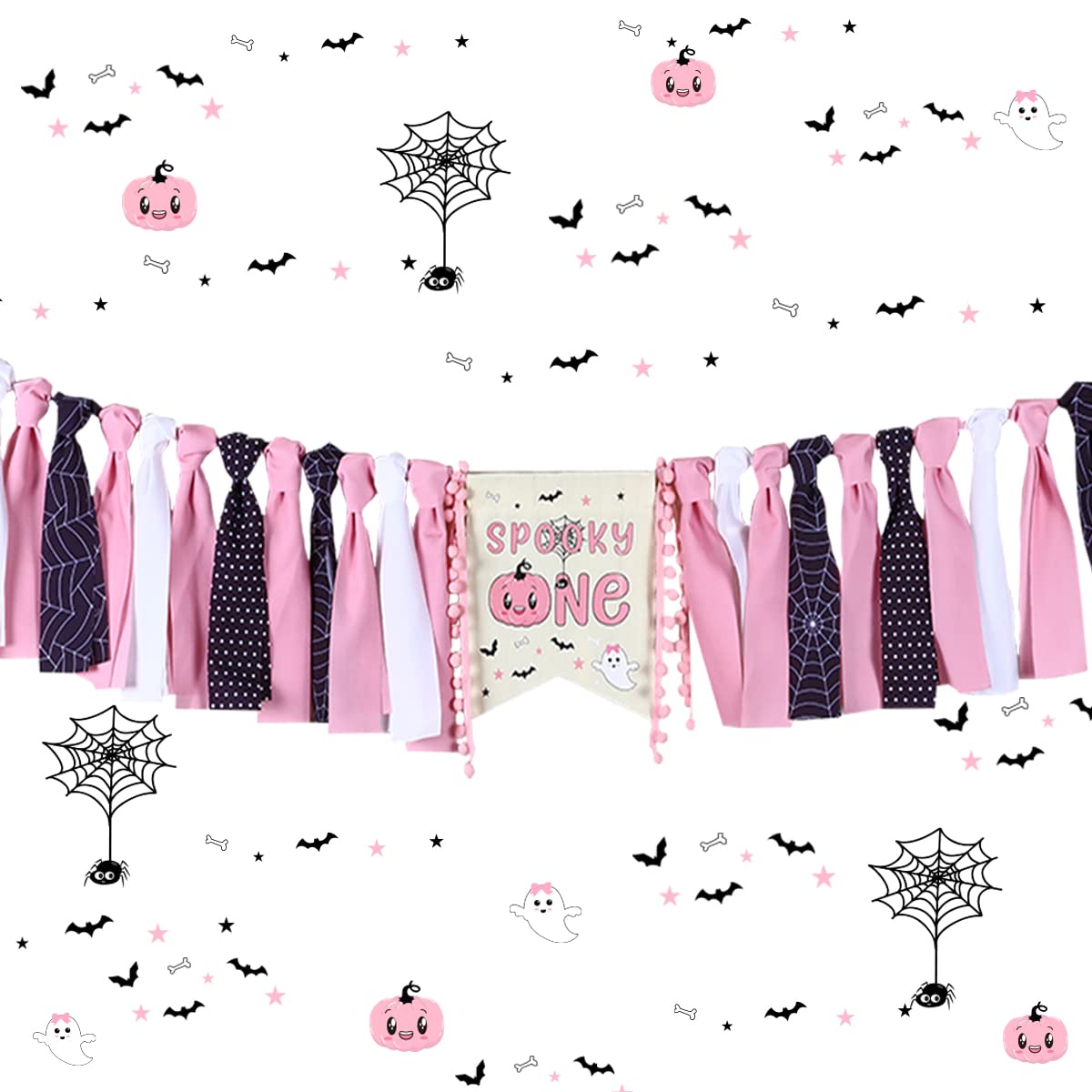 Halloween 1st Birthday High Chair Banner for Girls Pink and Black The Spooky One Birthday High Chair Banner Halloween Theme First Birthday Party Highchair Pumpkin Garland Halloween Party Decorations