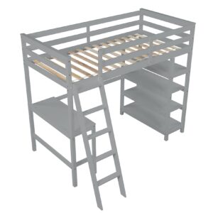 Bellemave Twin Loft Bed with Desk & Shelves for Teens Adults, Wood High Loft Bed Frame with Bookcase & Angle Ladder for Kids Boys Girls, Full-Length Guardrail, Twin Size, Gray