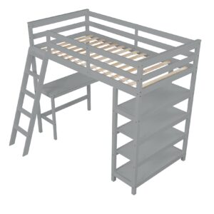 Bellemave Twin Loft Bed with Desk & Shelves for Teens Adults, Wood High Loft Bed Frame with Bookcase & Angle Ladder for Kids Boys Girls, Full-Length Guardrail, Twin Size, Gray