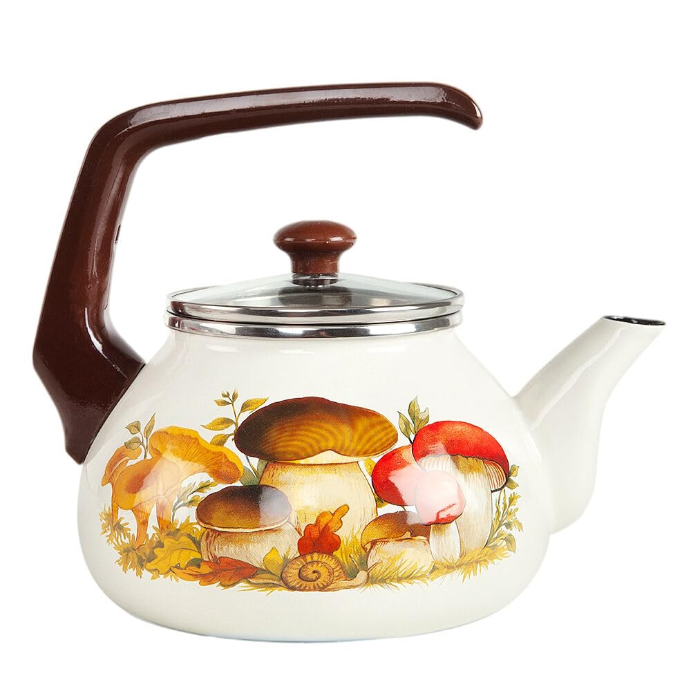 Enameled Aluminum Tea Kettle Mushrooms Enamel Kettle 2.3-qt. (2.2 L) Hot Water TeaKettle pot for Stovetop Teapot Ideal for Camping