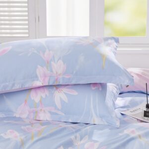 SAPHREAS Queen Size Floral Duvet Cover Set 3pcs Cotton Blue Pink Orchid Flower Printed Bedding Comforter Cover Set 100% Cotton 1 Quilt Cover 90"x90" 2 Pillow Shams(No Comforter)